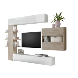 Parete attrezzata Aragosta, Composizione soggiorno, Mobile salotto multiuso, Armadio porta TV, Made in Italy, 295x30 h187 cm, Bianco lucido e Rovere