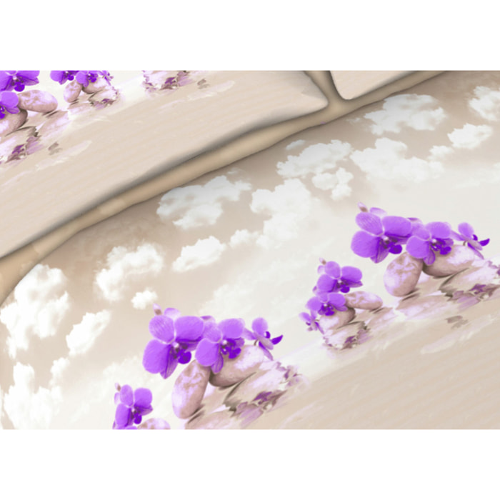 Completo Lenzuola 100% Cotone Floral Cloud Lilla CN Misura Letto Matrimoniale