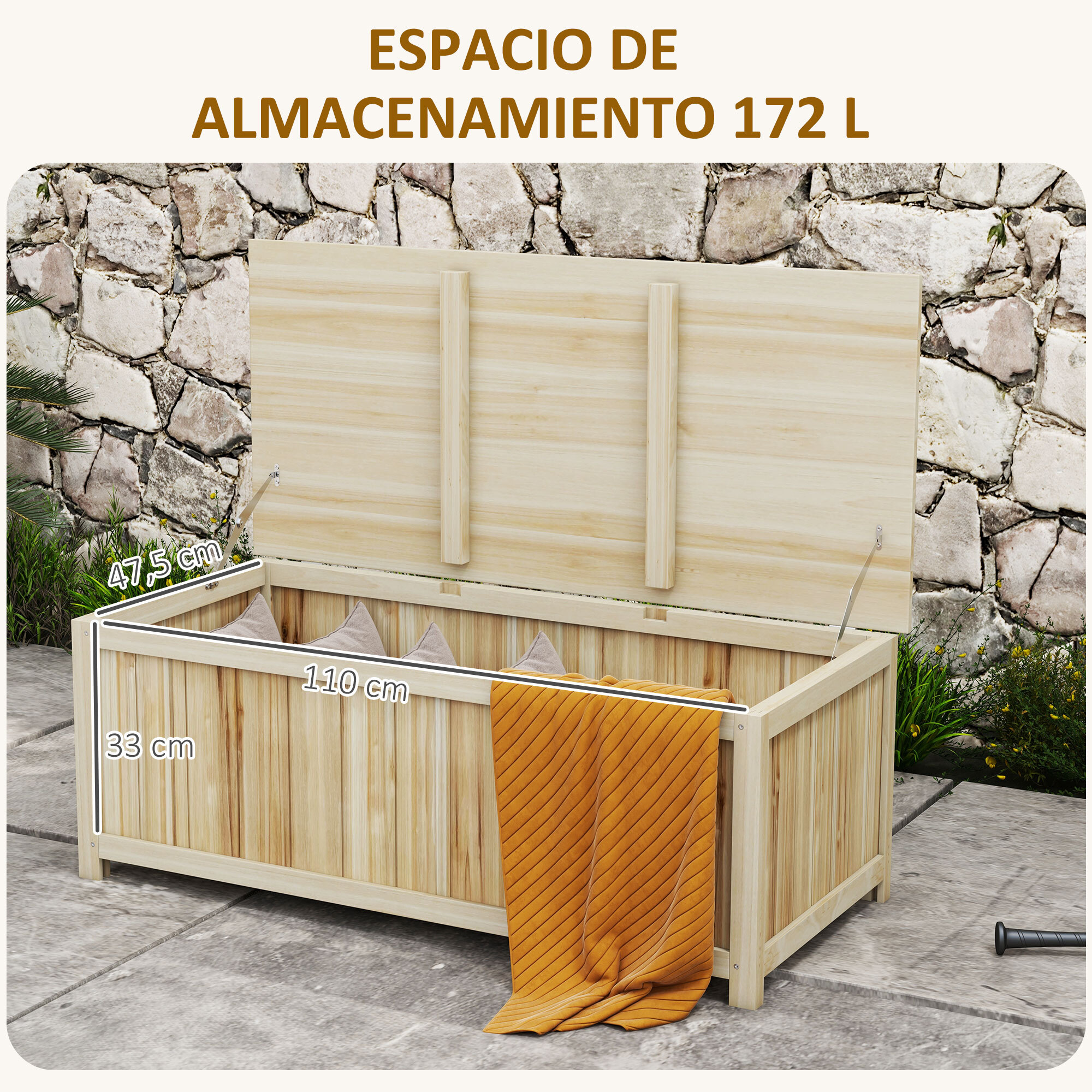 Arcón Exterior de Madera, 172 L, Baúl Almacenaje Exterior con Tapa Abatible, Resistente a la Intemperie, para Jardín, Terraza, Patio, 120x55x45 cm, Madera Natural
