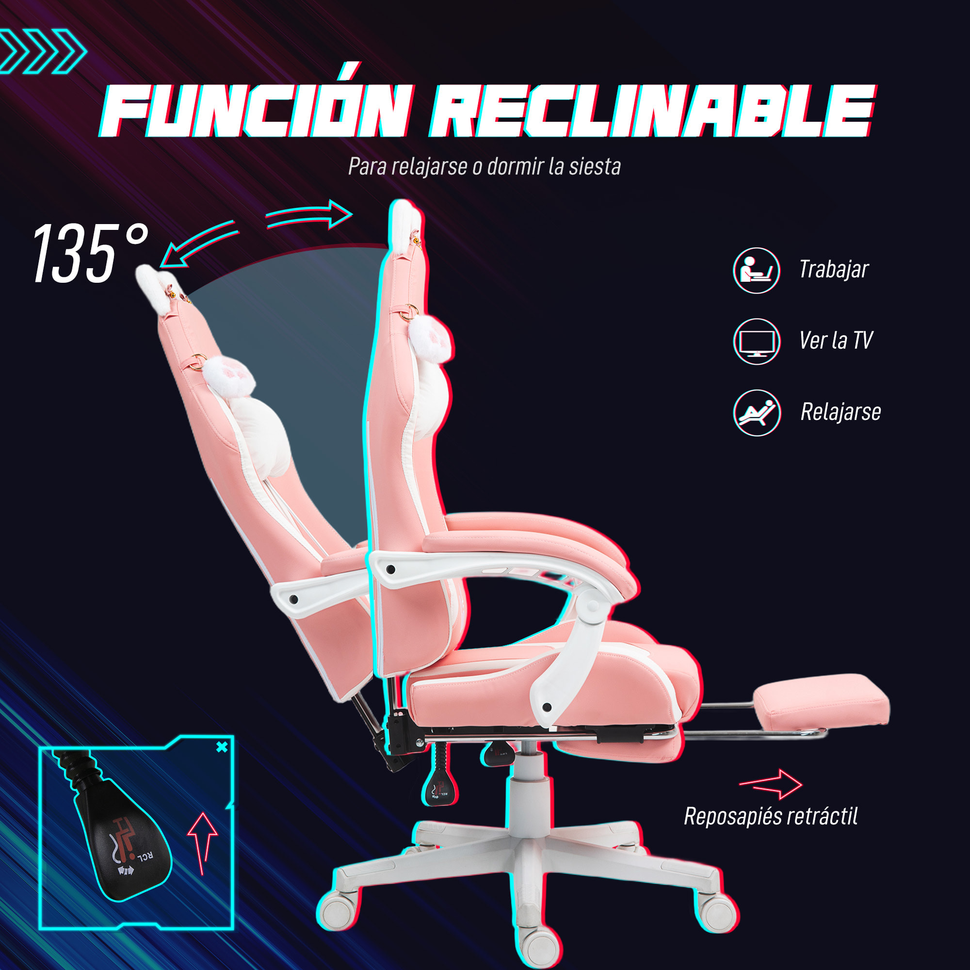 Silla Gaming con Orejas Silla Gamer Reclinable con Altura Ajustable Reposapiés Retráctil Soporte Lumbar y Reposacabezas Desmontable Silla para Oficina Estudio Rosa