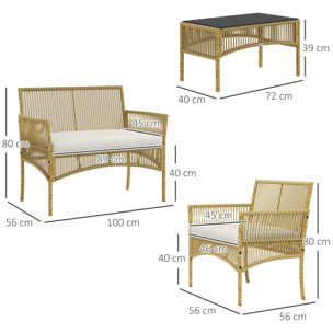 Salon de jardin 4 places 4 pièces style colonial table basse coussins inclus résine tressée filée aspect rotin beige