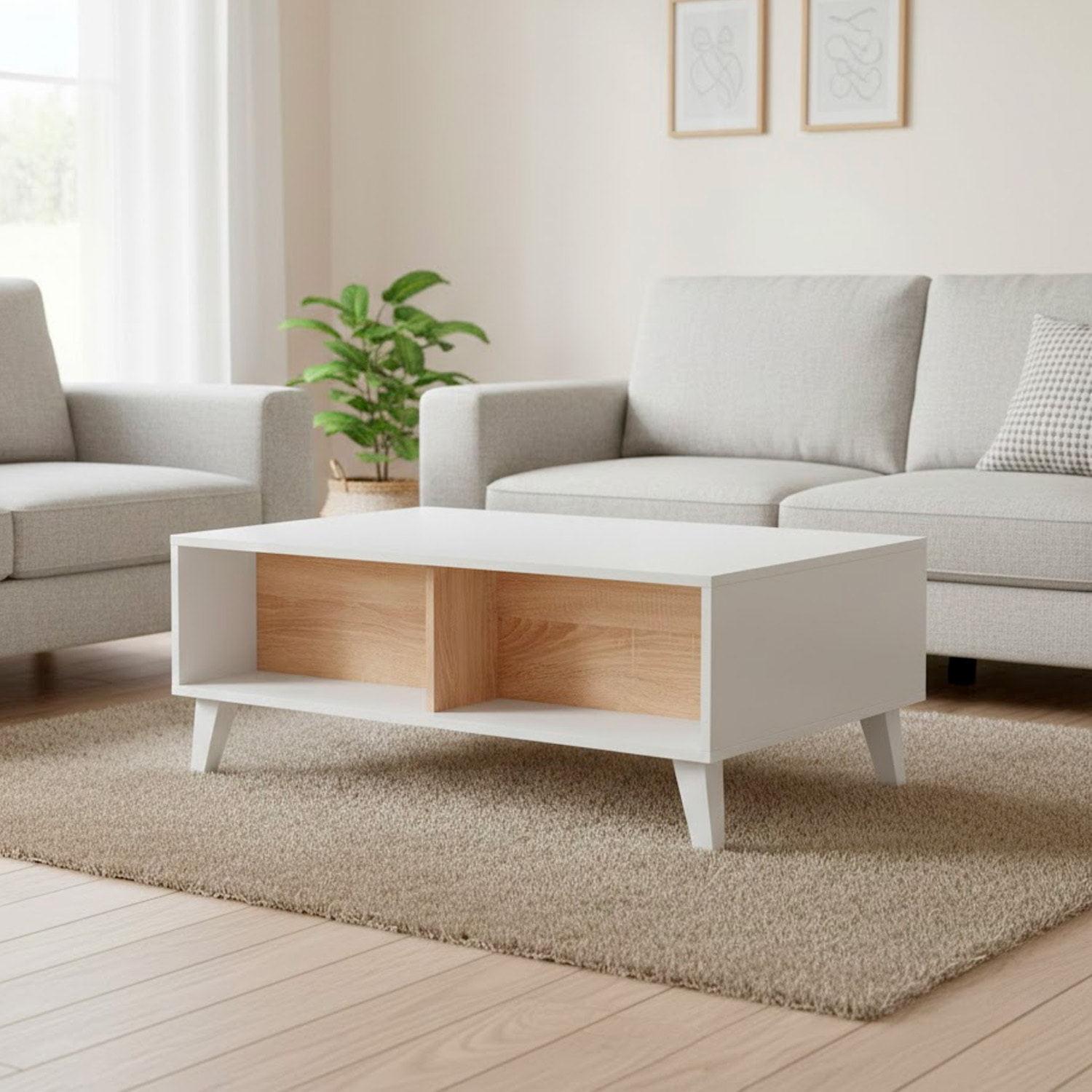 Tavolino Da Caffè Tavolo Basso Con Piano Sollevabile Da Salotto Soggiorno Moderno Con Ripiani Salvaspazio Design 100 x 68 x 38–50 Cm Bianco E Rovere