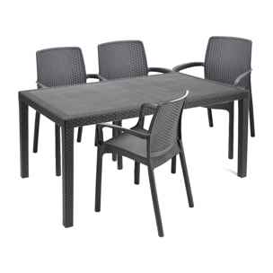 Set salotto da esterno Sover, Salottino outdoor e indoor, Tavolo rettangolare fisso con 4 sedie impilabili, Made in Italy, Antracite