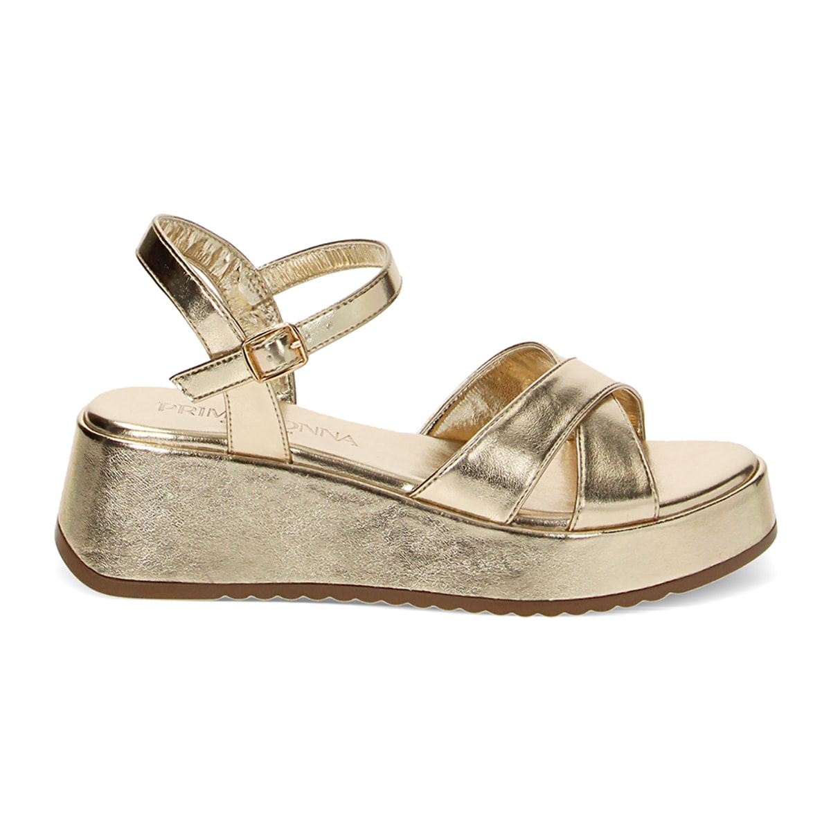 Sandali oro in laminato, zeppa 5,5 cm