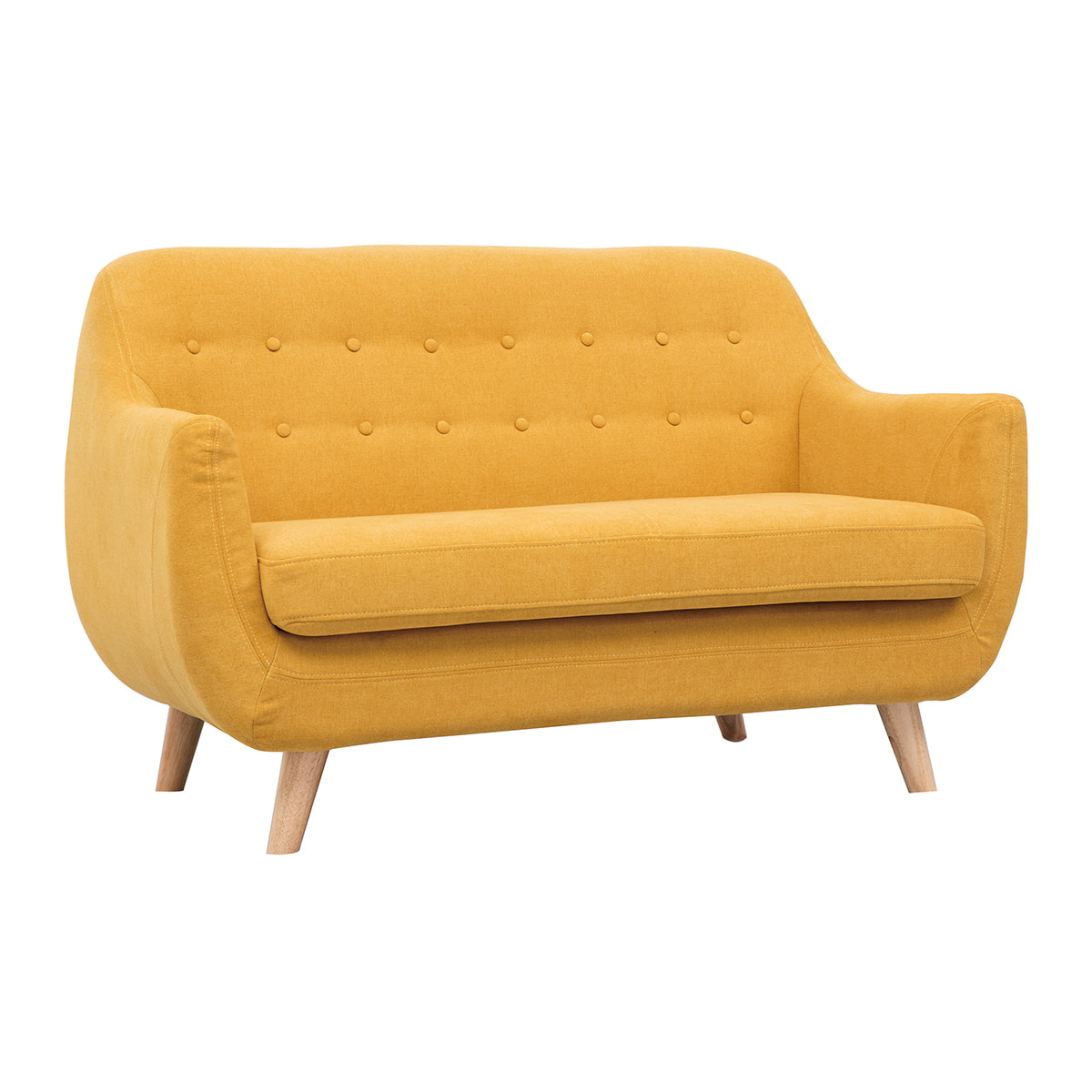 Canapé scandinave déhoussable 2 places en tissu effet velours jaune moutarde et bois clair YNOK