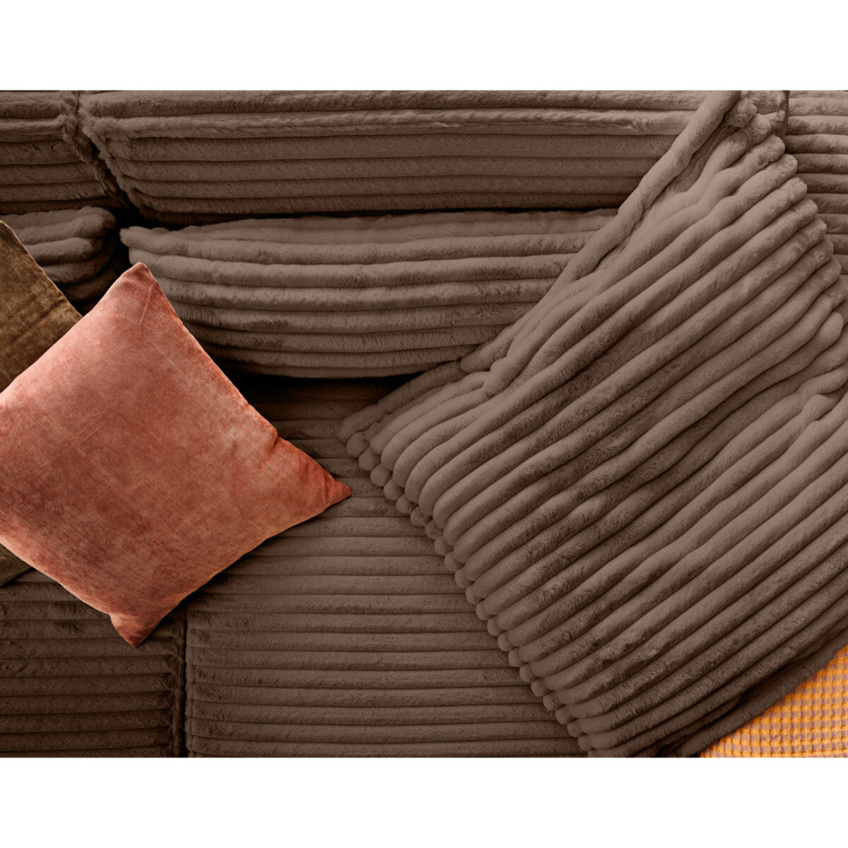 Richie - canapé droit 3 places avec double méridienne - assise profonde - en fausse fourrure côtelée - Marron