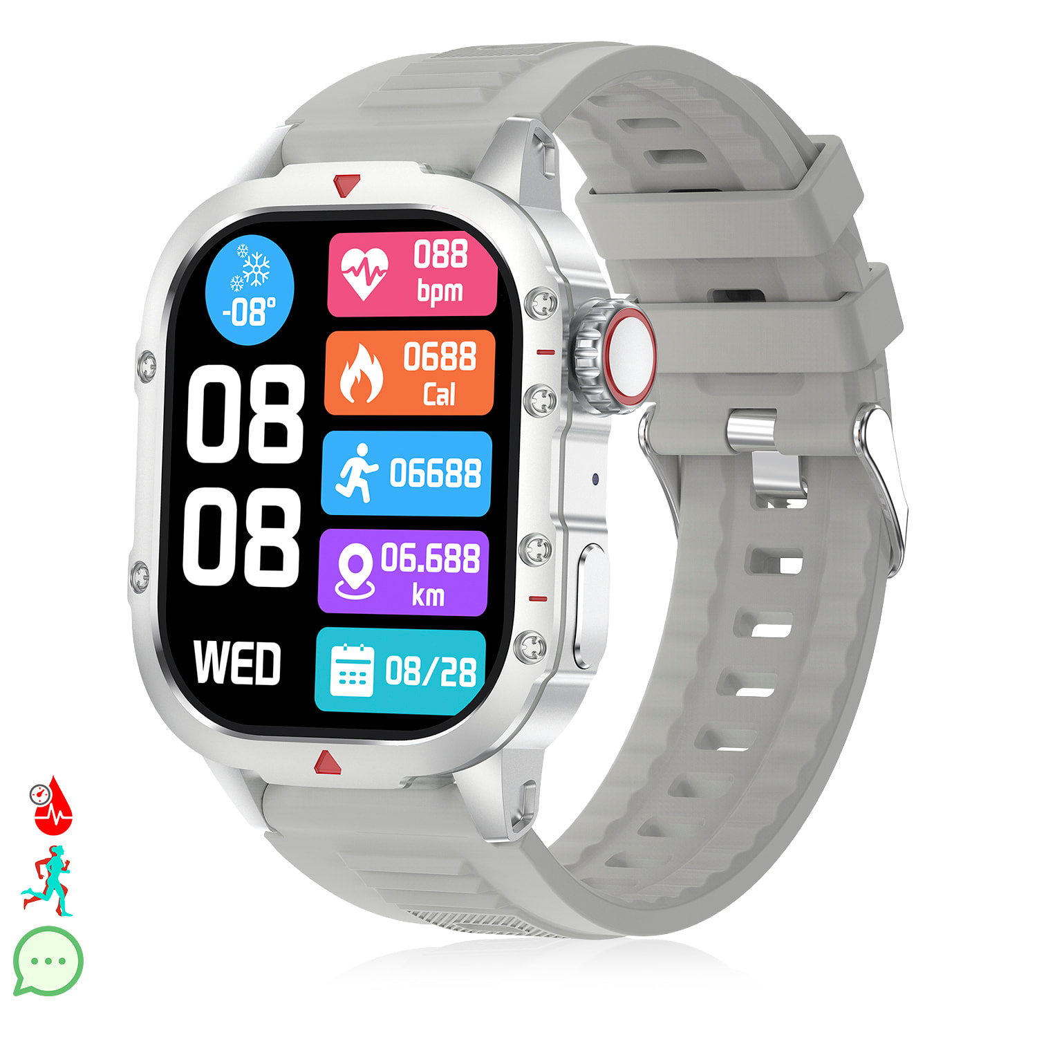 Smartwatch B04 con llamadas BT, notificaciones push. Monitor deportivo y de salud. Corona multifunción.