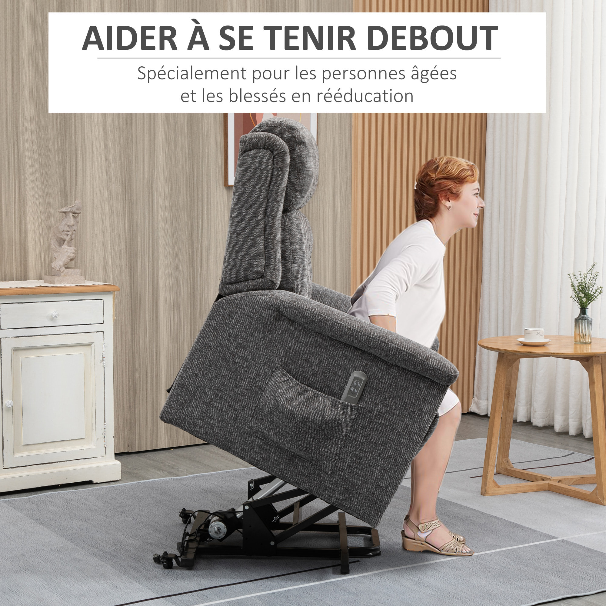 Fauteuil releveur électrique inclinable - repose-pied ajustable - télécommande - Fauteuil de relaxation - tissu polyester aspect lin gris chiné