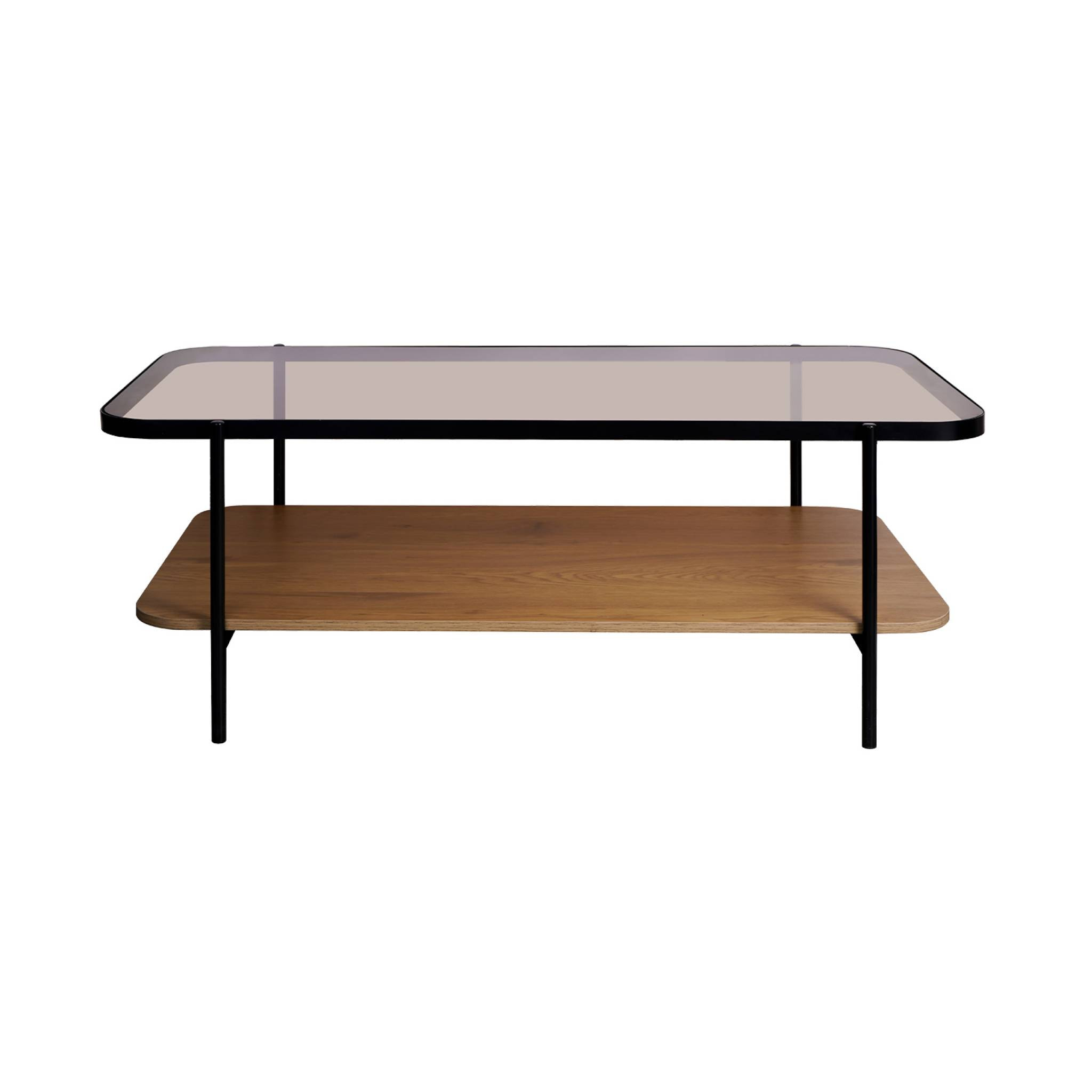 Table basse vintage en métal noir avec 2 plateaux (verre et décor bois). bords arrondis