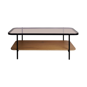 Table basse vintage en métal noir avec 2 plateaux (verre et décor bois). bords arrondis