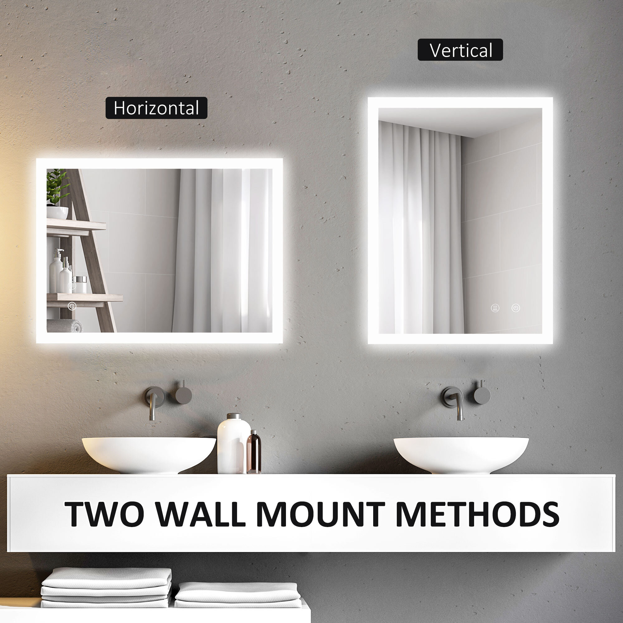 Miroir mural lumineux LED de salle de bain - 80 x 60 cm - avec 3 couleurs, luminosité réglable interrupteur tactile système antibuée transparent