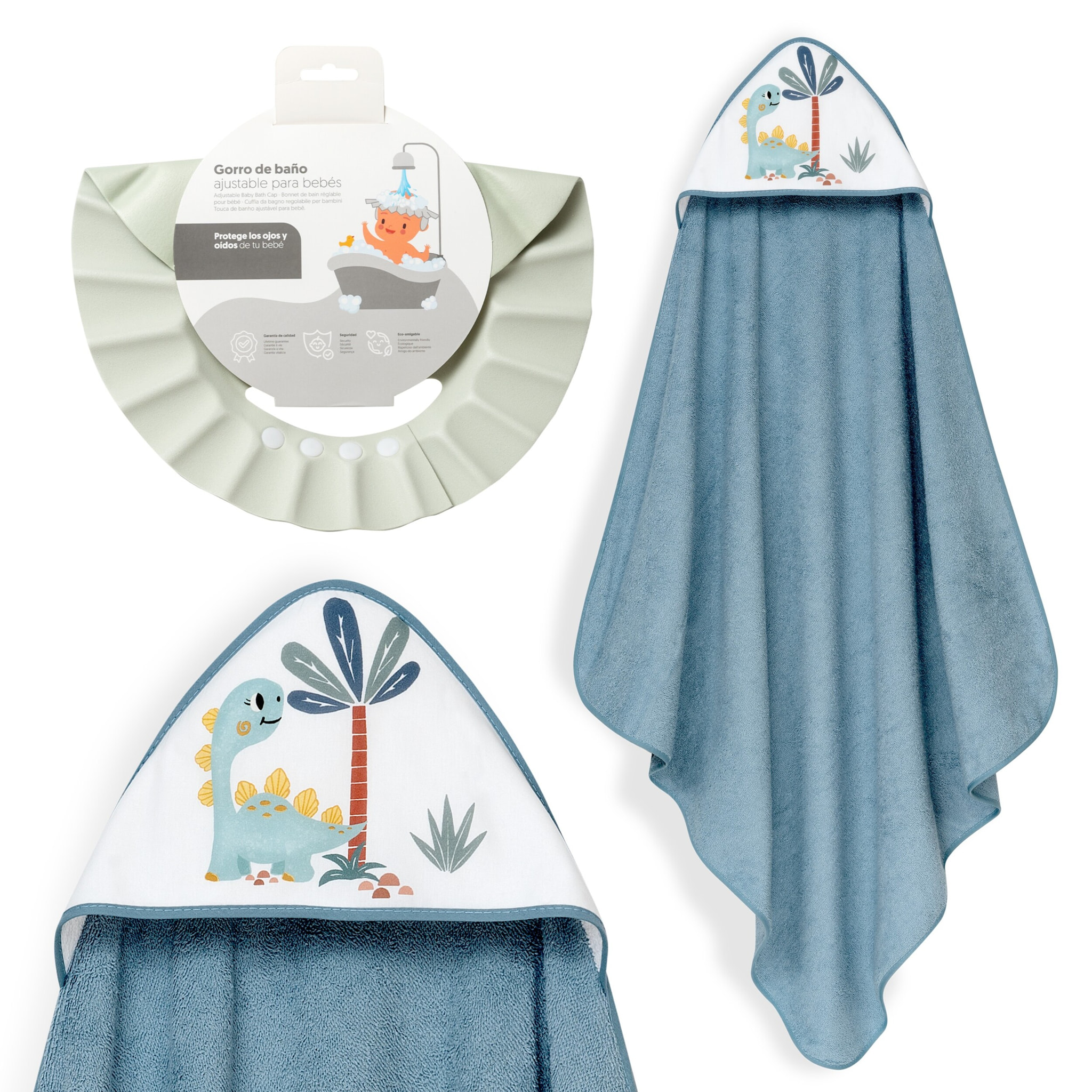 Capa Baño 1X1 Mod Estampado Dinosaurio Palmera+Gorro Petroleo