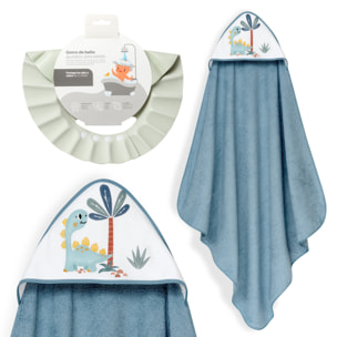 Capa Baño 1X1 Mod Estampado Dinosaurio Palmera+Gorro Petroleo