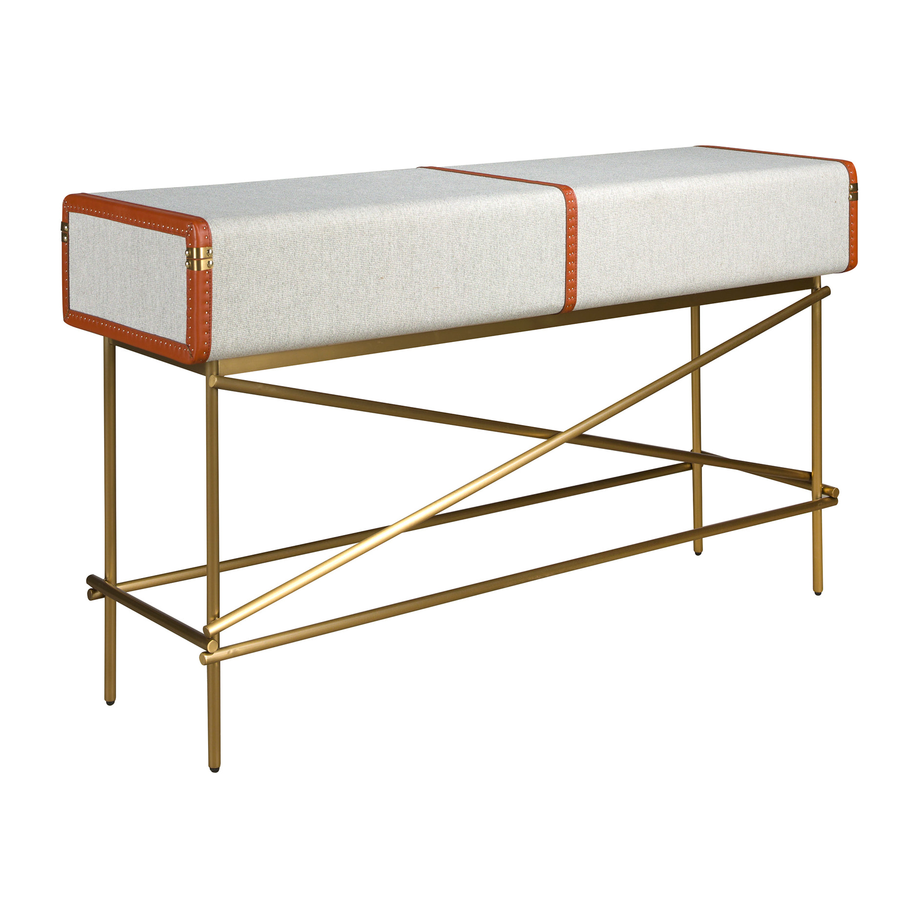 Consola rectangula en madera chapada en nogal natural con un elegante tapizado en tela gris claro 141x45x81cm