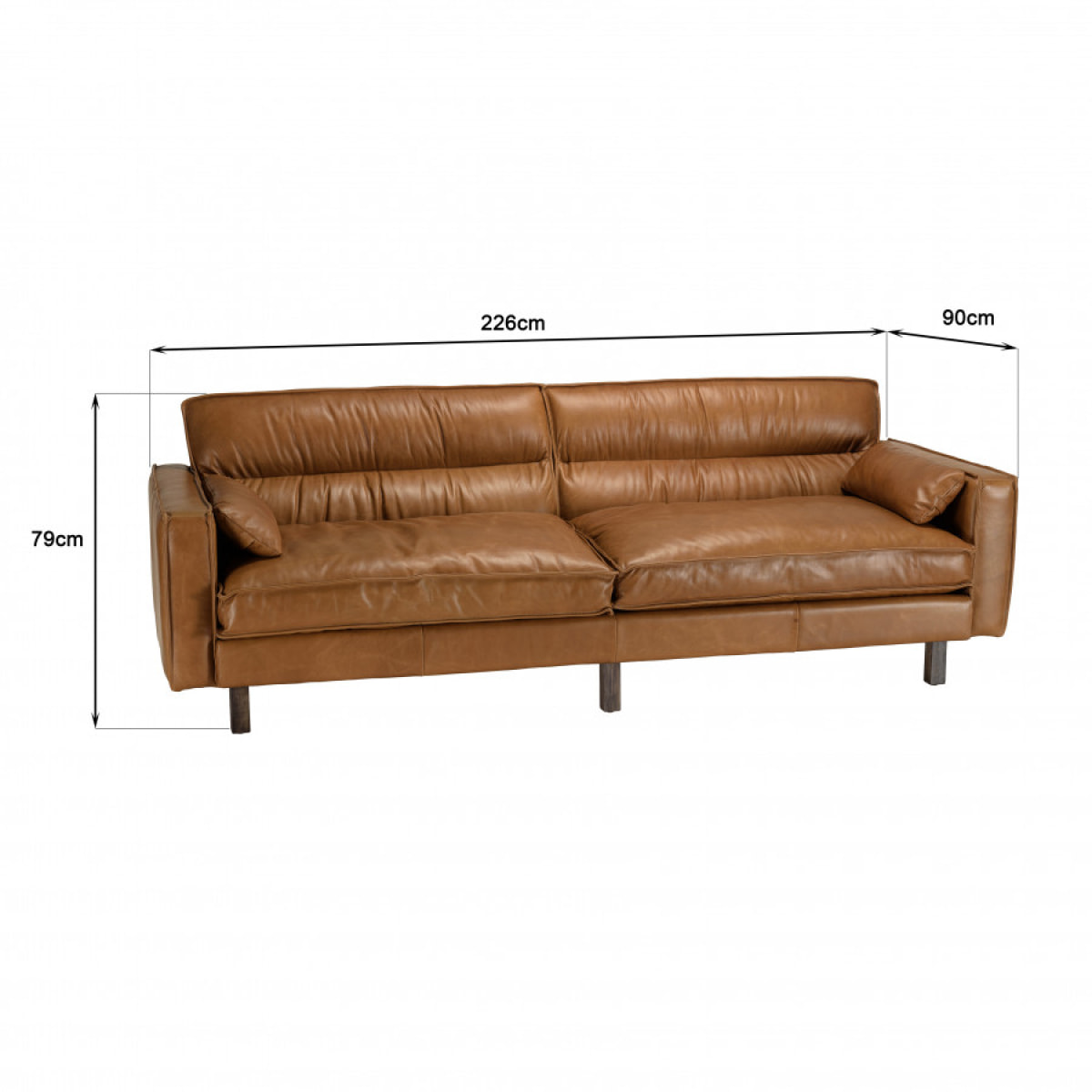 GASTON - Canapé 3 places vintage en cuir marron camel, pieds en bois