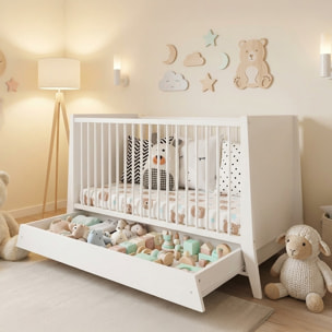 Lit Evolutif Timéo à barreaux 60 x 120 cm, Blanc, en Bois, 3 Hauteurs, Tiroir intégré, Barreaux amovibles