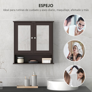 Armario de Baño con Espejo, Armario de Pared con 2 Puertas, Estante Abierto, Estante Ajustable, Mueble de Baño Colgar para Cocina, Salón, 56x13x58 cm, Marrón Oscuro