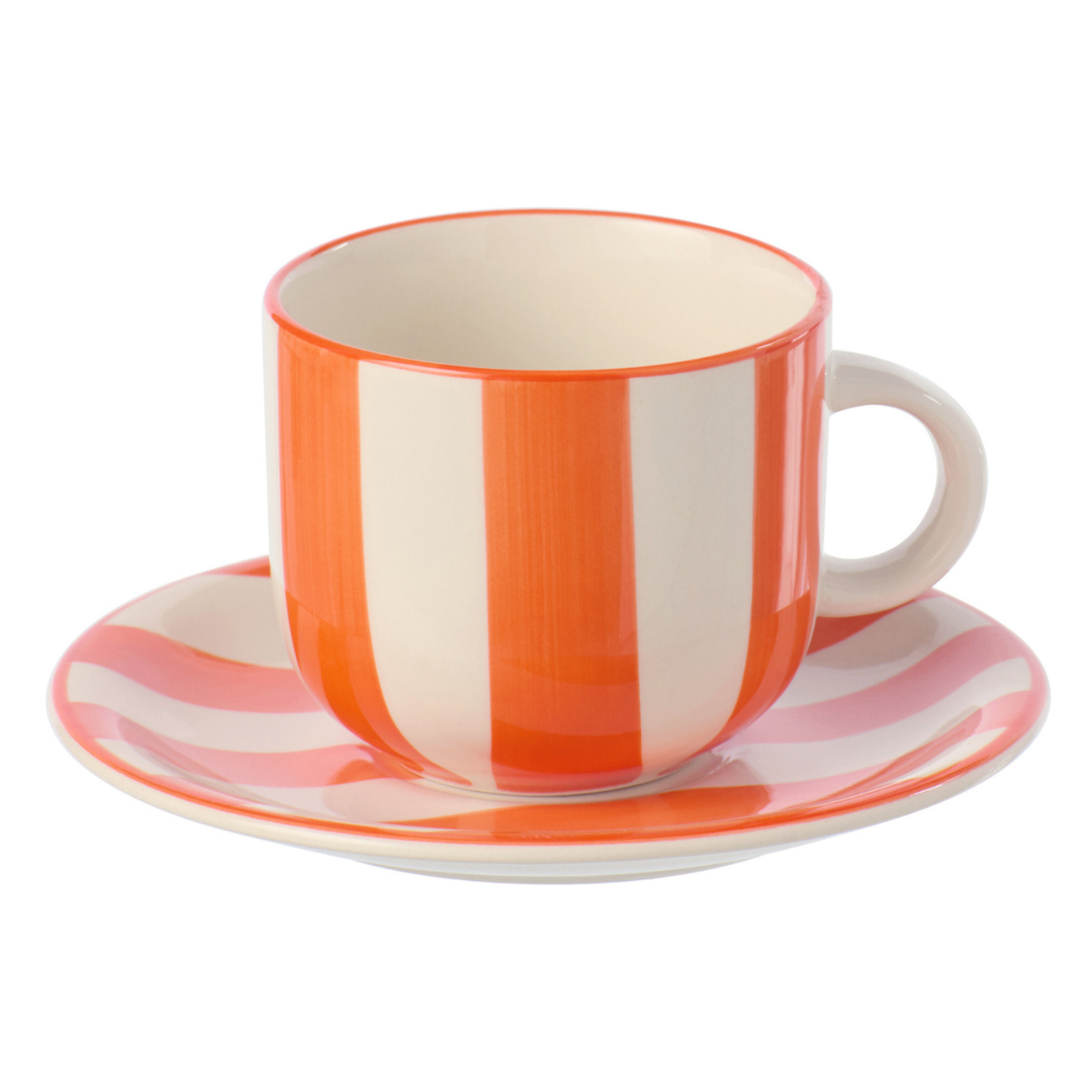 J-Line Tasse + Sous-tasse Ligné - céramique - orange/blanc - 6 pièces
