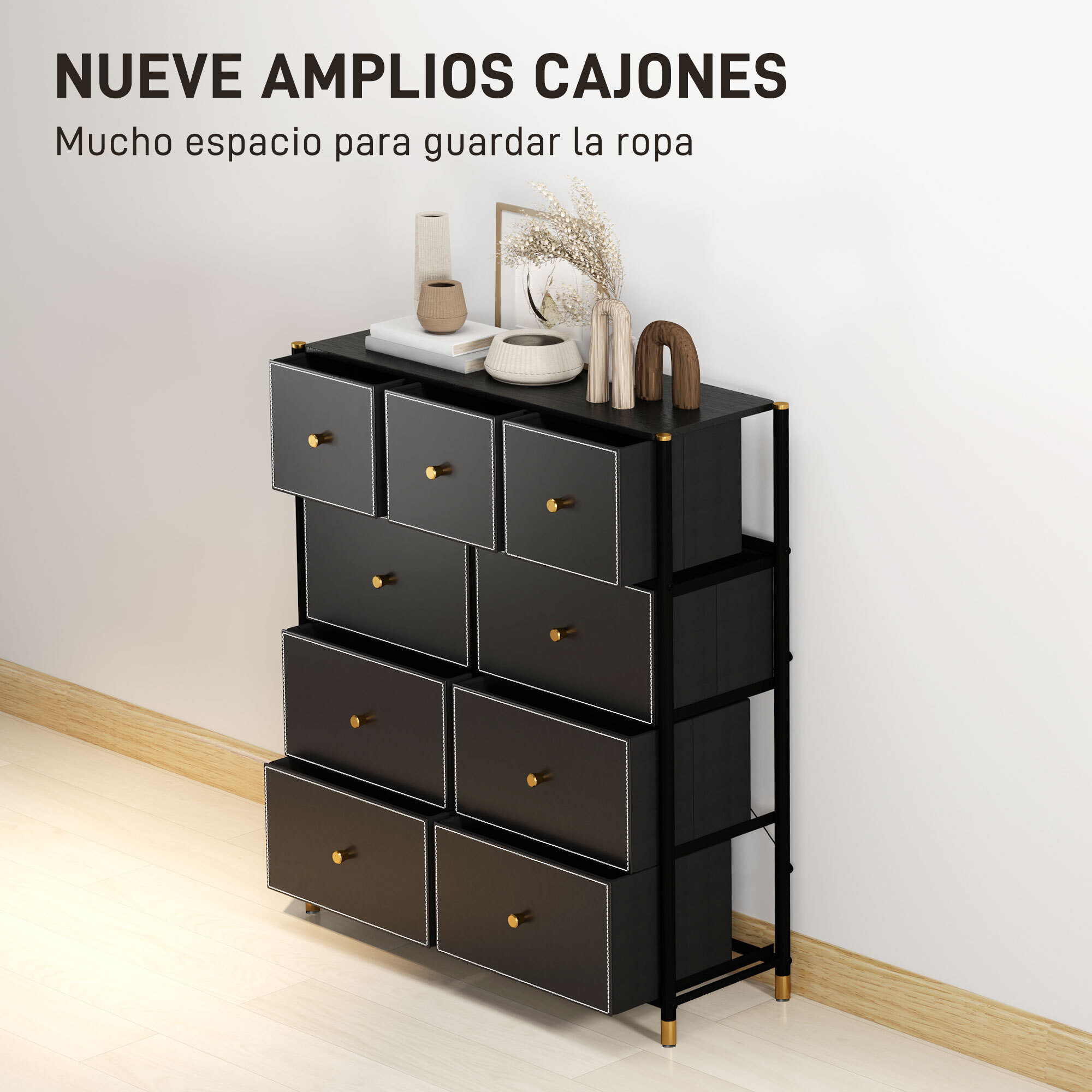 Cómoda para Dormitorio Cajonera de Tela con 9 Cajones Plegables con Frentes de PU y Marco de Acero Cajonera para Dormitorio Salón Negro