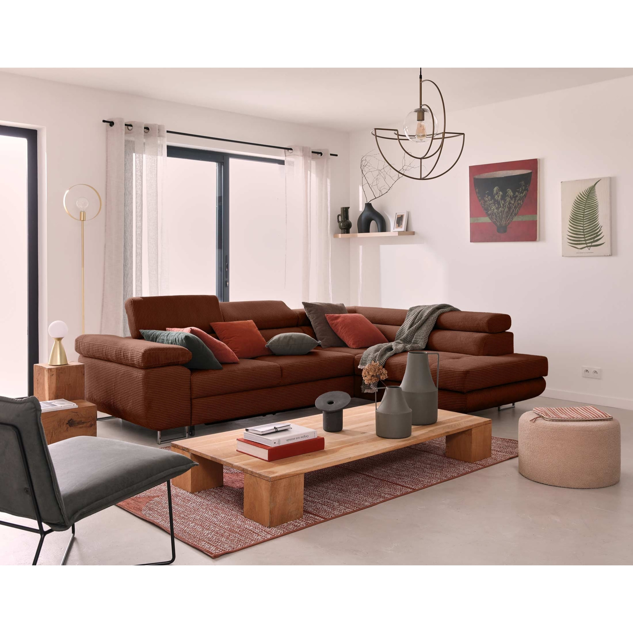 Zaria - canapé d'angle droit - convertible avec coffre et têtières réglables - 5 places - en velours côtelé - Terracotta