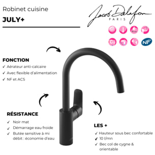Robinet cuisine July+ col de cygne et orientable noir mat
