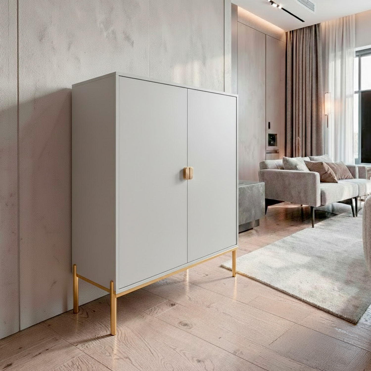 Credenza Mobile Contenitore 2 Ante Cannettate E Piedini Oro Madia Moderna con Ripiani Interni E Chiusura Soft Close 103.6 x 124 x 39.6 Cm Grigio