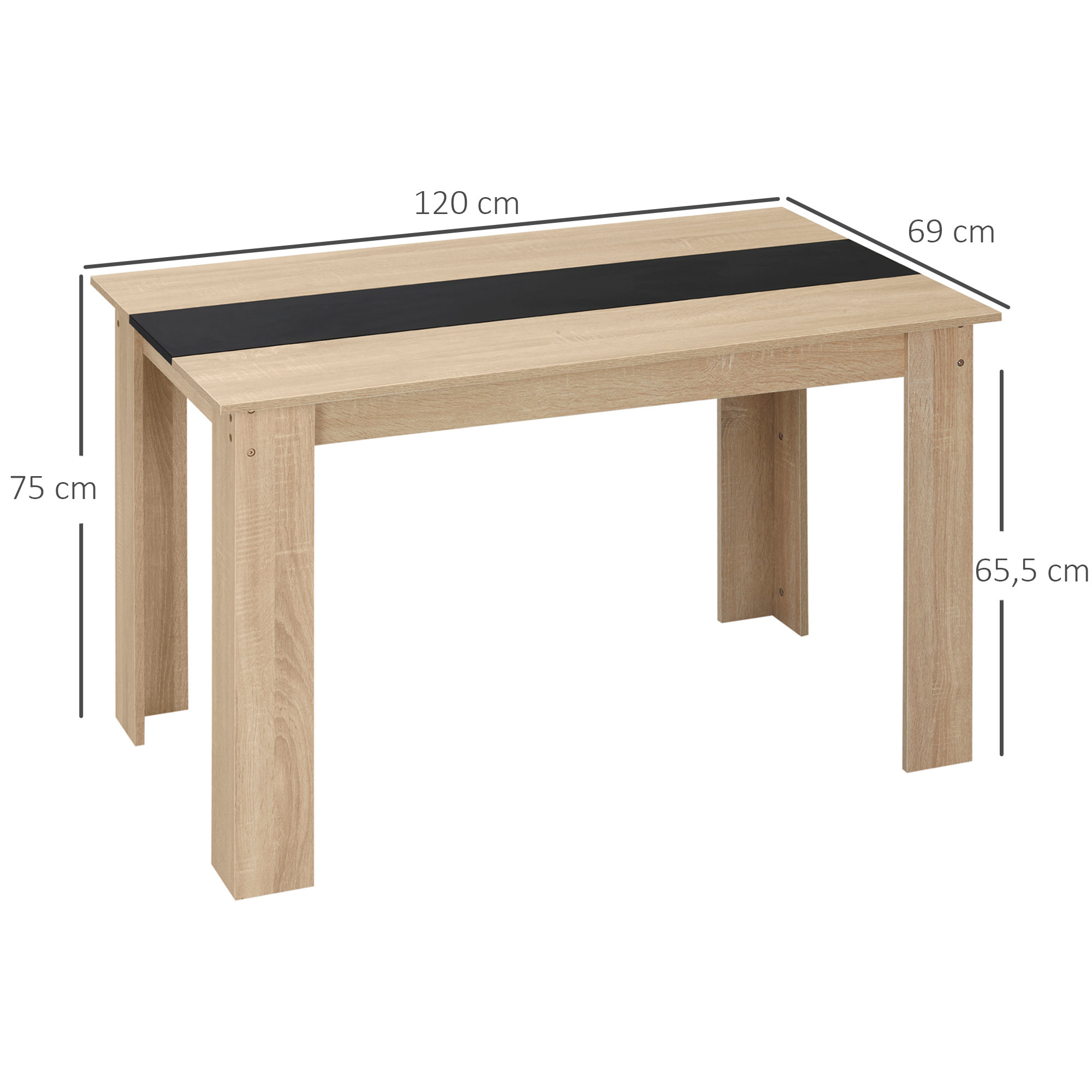 Table à manger grand plateau 4-6 personnes - dim. 120L x 69l x 75H cm - panneaux noir aspect chêne clair