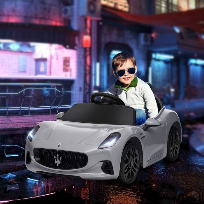 Coche Eléctrico para Niños de +3 Años Maserati Gran Turismo Folgore Coche Eléctrico con Batería 12V Mando a Distancia Faros Bocina y Música MP3 Gris