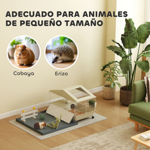 Jaula para Animales Pequeños con Corral Desmontable Jaula para Roedores con Ruedas Rampas Cuenco Botella de Agua y Dispensador de Heno 108x71x57 cm Beige