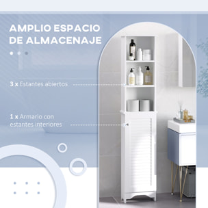 Armario Alto de Baño con 1 Puerta 3 Estantes Abiertos y Balda Interior Ajustable Mueble Auxiliar de Almacenaje para Salón Aseo Dormitorio 34x20x165 cm Blanco