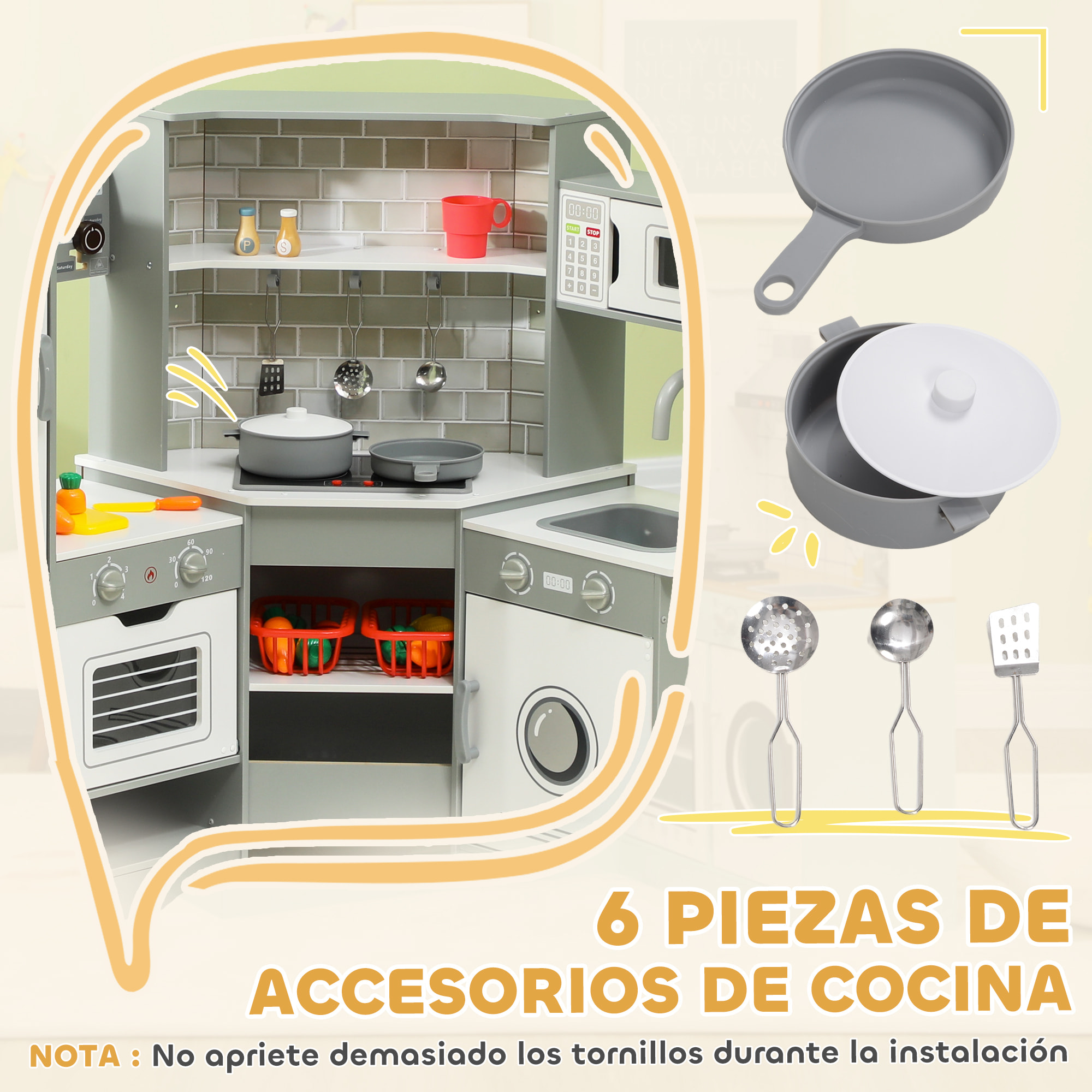 AIYAPLAY Cocina de Juguete para Niños +3 Años Cocina de Madera Infantil Cocinita Infantil con Sonido Fogón Horno Grifo Fregadero Microondas Lavadora Máquina de Hielo y Accesorios de Cocina Gris