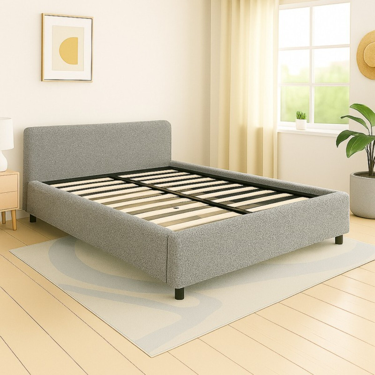 Lit coffre Colisée avec tête de lit | Robuste et confortable | Montage simple rapide | Bouclette | Gris clair
