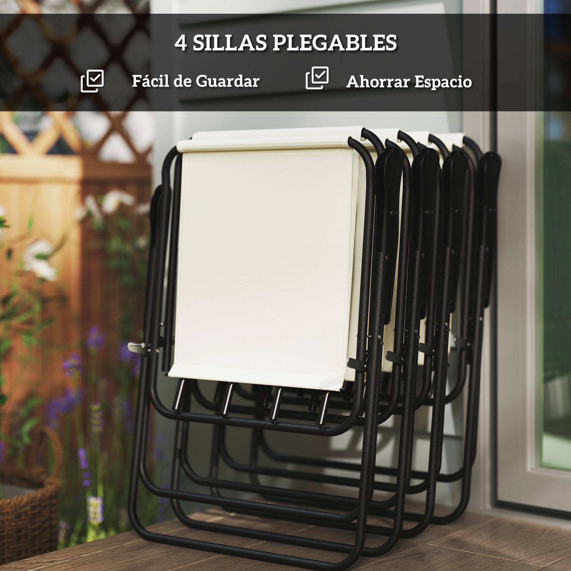 Conjunto de Mesa y Sillas Jardín de 6 Piezas Muebles de Jardín Exterior con 4 Sillas Plegables Mesa de Vidrio y Sombrilla para Terraza Patio Crema