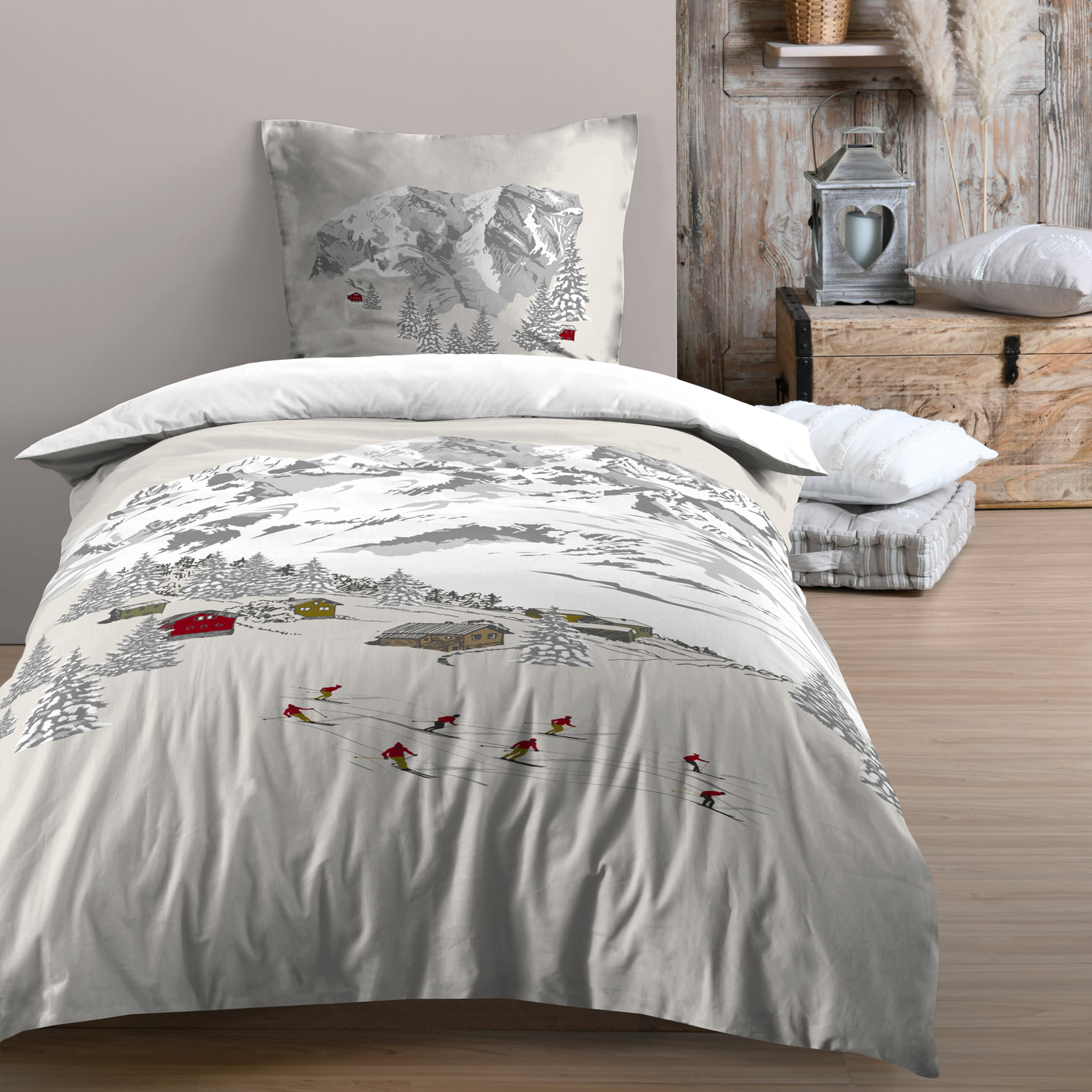 Parure de lit 2 pièces imprimée esprit montagne housse + taie - Ecru