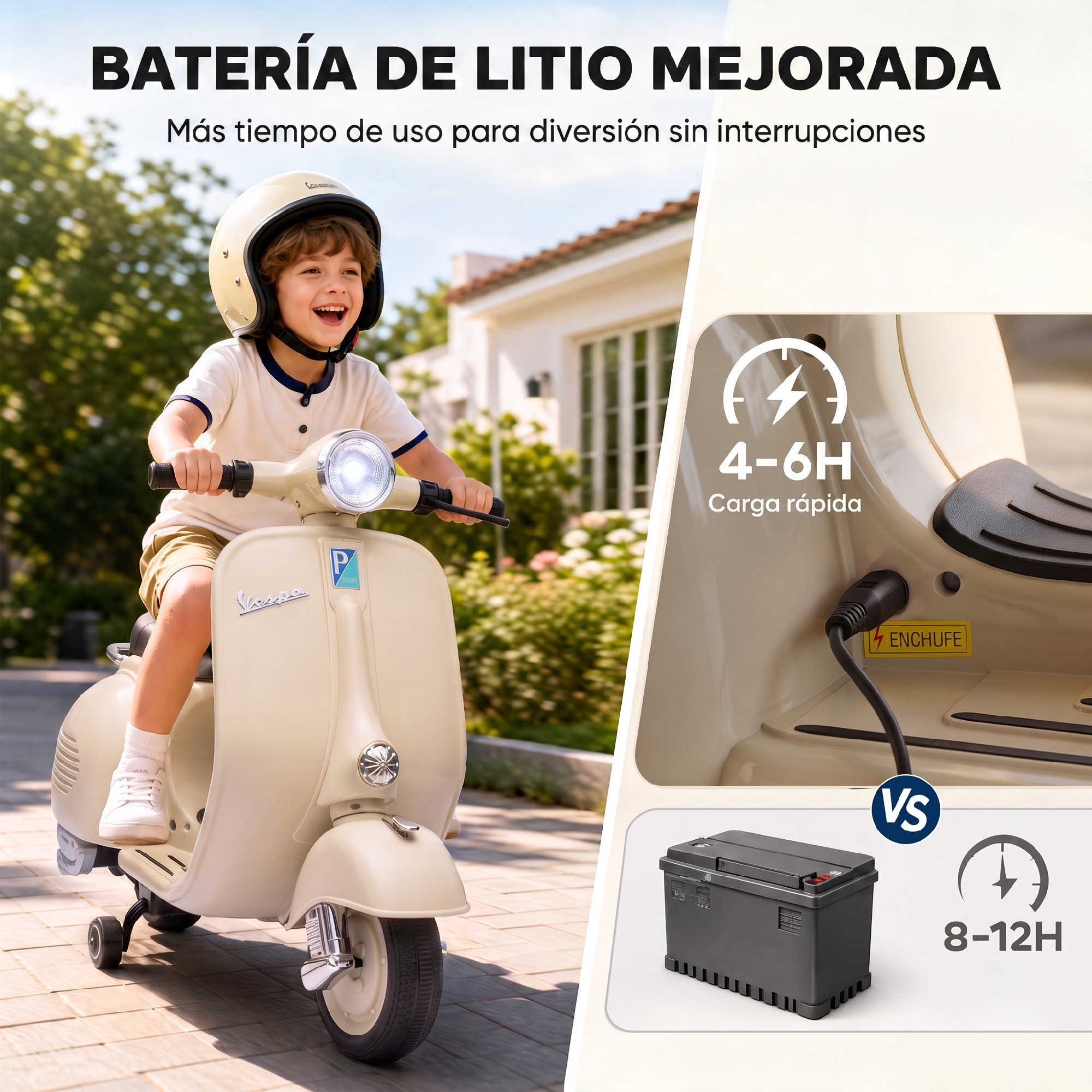 Moto Eléctrica para Niños Licencia VESPA 6V, Moto Eléctrica Infantil con Arranque Suave, Ruedines Desmontables, Luz Delantera, Música, Bocina, USB, Avance, Atrás, para Niños +3 Años, Blanco