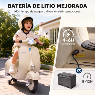 Moto Eléctrica para Niños Licencia VESPA 6V, Moto Eléctrica Infantil con Arranque Suave, Ruedines Desmontables, Luz Delantera, Música, Bocina, USB, Avance, Atrás, para Niños +3 Años, Blanco