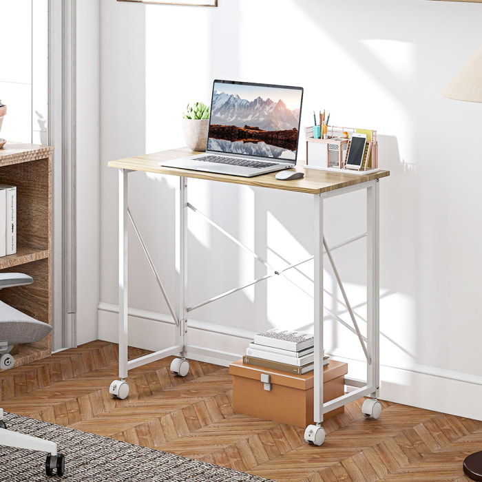 Bureau pliable à roulettes dim. 80x40cm acier blanc effet chêne clair