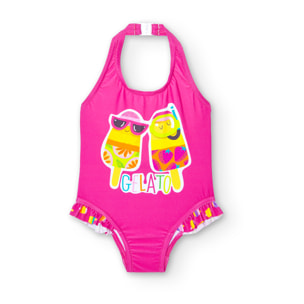 Bañador, volantes niña estampado, fresa fucsia