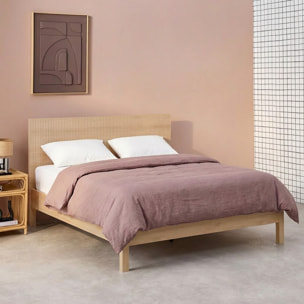 Lit avec sommier à lattes et tête de lit 140x190cm décor bois LINEAR