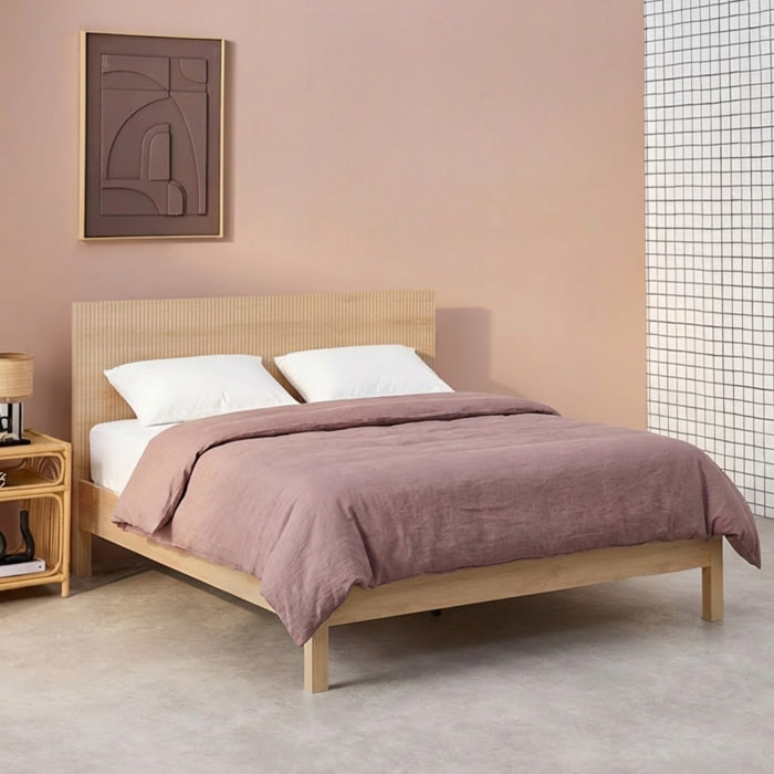 Lit avec sommier à lattes et tête de lit 140x190cm décor bois LINEAR
