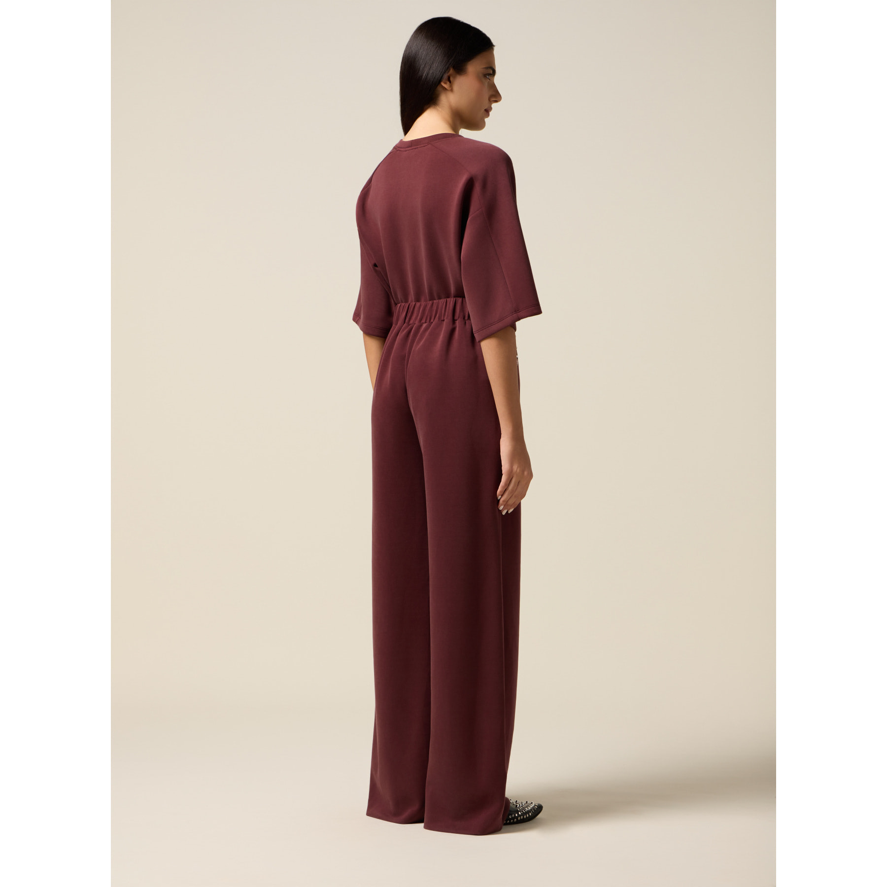 Oltre - Pantaloni palazzo in scuba con castoni - Bordeaux