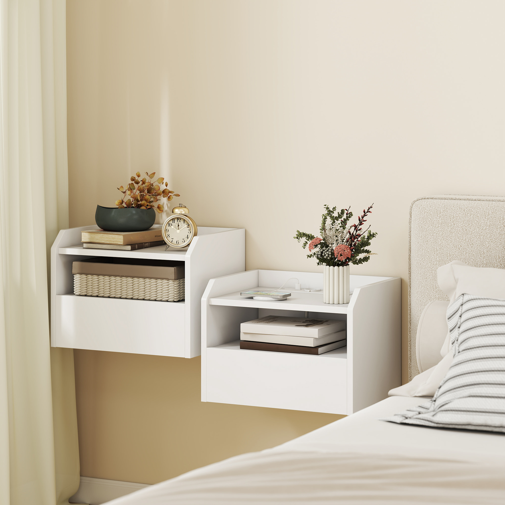 Juego de 2 Mesitas de Noche Flotantes con Estación de Carga, Mesillas de Noche Dormitorio, Cajón, Estante Abierto, Montado en la Pared, Estilo Moderno, para Sala de Estar, 40x29x29 cm, Blanco