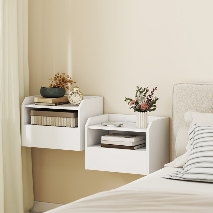 Juego de 2 Mesitas de Noche Flotantes con Estación de Carga, Mesillas de Noche Dormitorio, Cajón, Estante Abierto, Montado en la Pared, Estilo Moderno, para Sala de Estar, 40x29x29 cm, Blanco