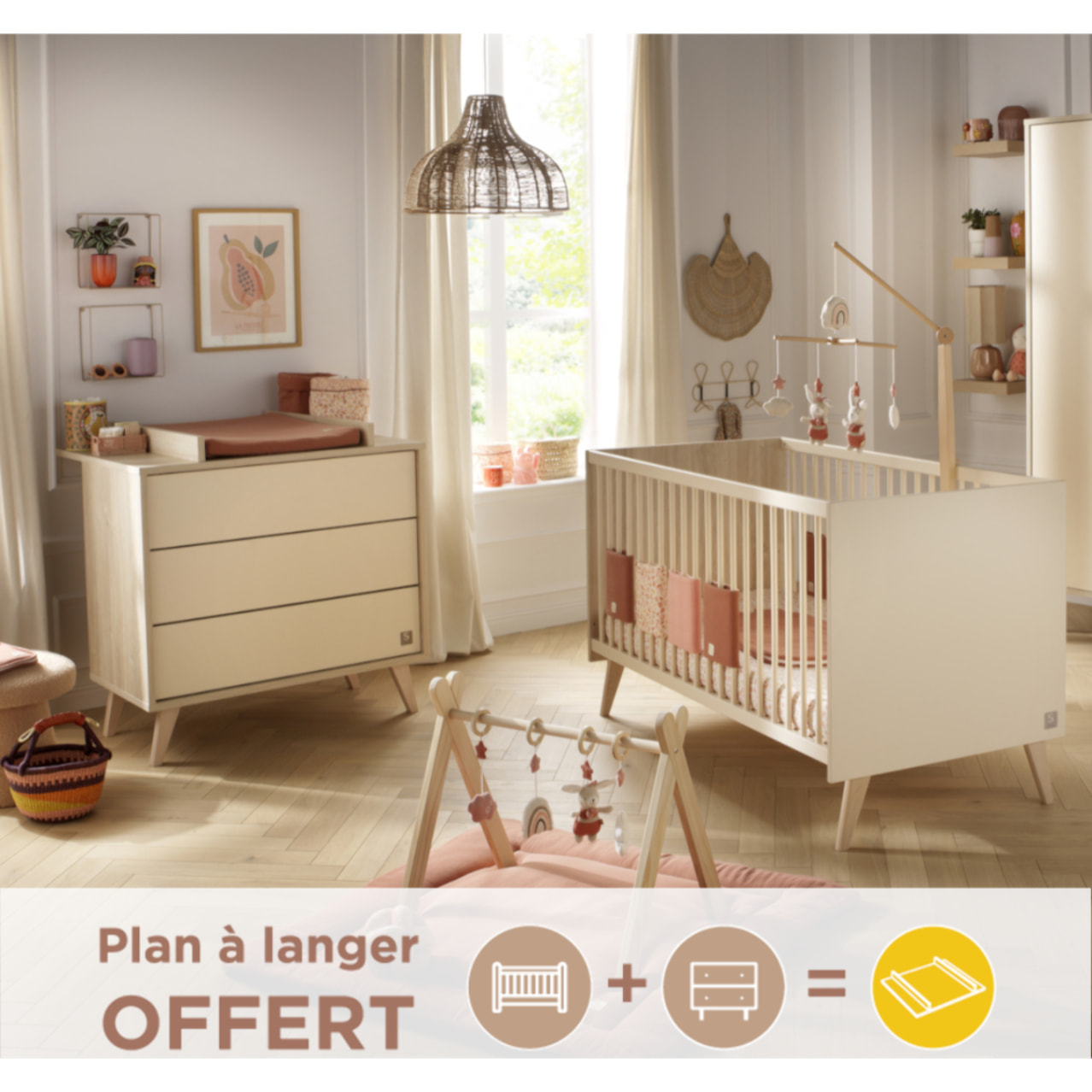 Chambre bébé évolutive Mélinée, Lit 140x70 évolutif et Commode à langer 3 tiroirs - Chêne sépia