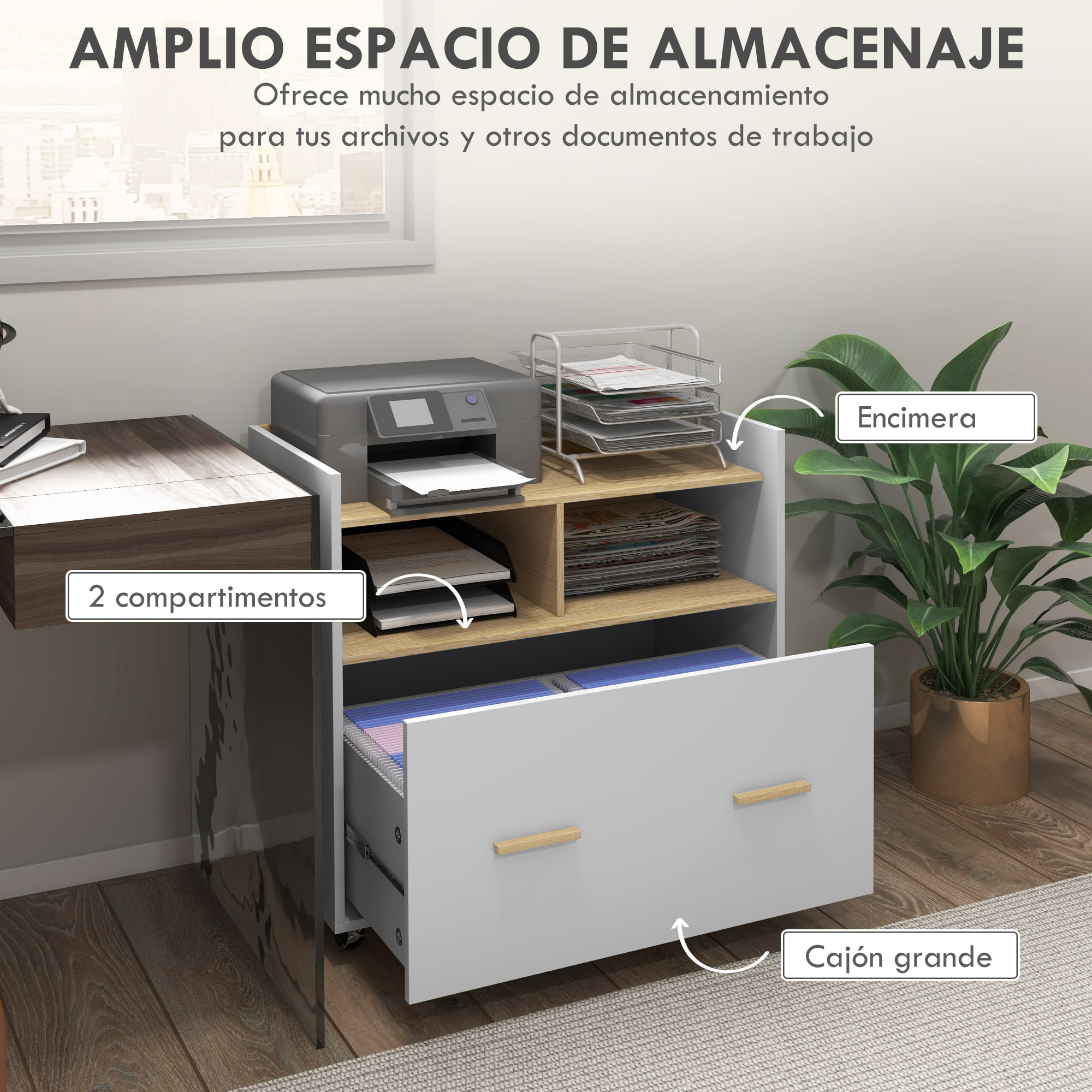 Cajonera de Oficina Armario Archivador Móvil Cajonera Escritorio con Ruedas Cajón Barras Colgantes para Tamaño A4 y 2 Compartimientos para Estudio Salón 76x40x75,5 cm Roble y Blanco