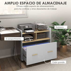 Cajonera de Oficina Armario Archivador Móvil Cajonera Escritorio con Ruedas Cajón Barras Colgantes para Tamaño A4 y 2 Compartimientos para Estudio Salón 76x40x75,5 cm Roble y Blanco