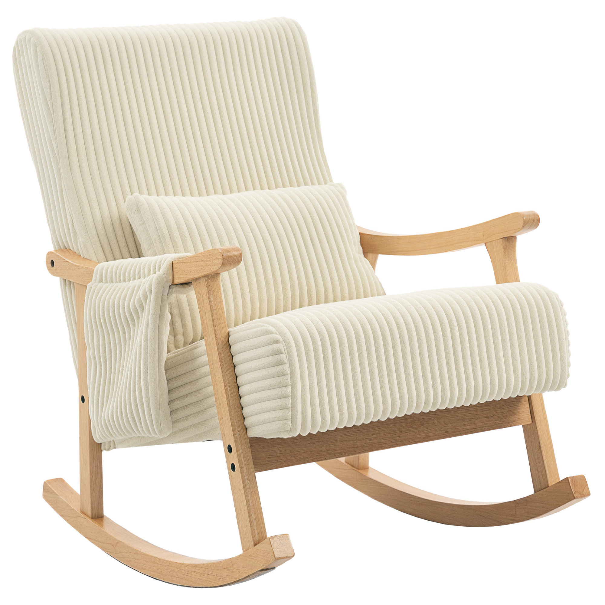 Silla Mecedora, Mecedora de Pana con Cojín Lumbar, Patas y Reposabrazos de Madera, Bolsillo, Estilo Moderno, Sillón de Lactancia, Carga 120 kg, para Dormitorio, Salón, Beige