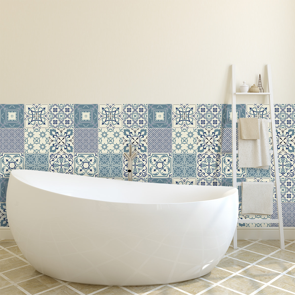 Stickers muraux - Sticker Mural Carrelage adhésif Cuisine Salle de Bain - 60 STICKERS CARREAUX DE CIMENT AZULEJOS NAZZARENO