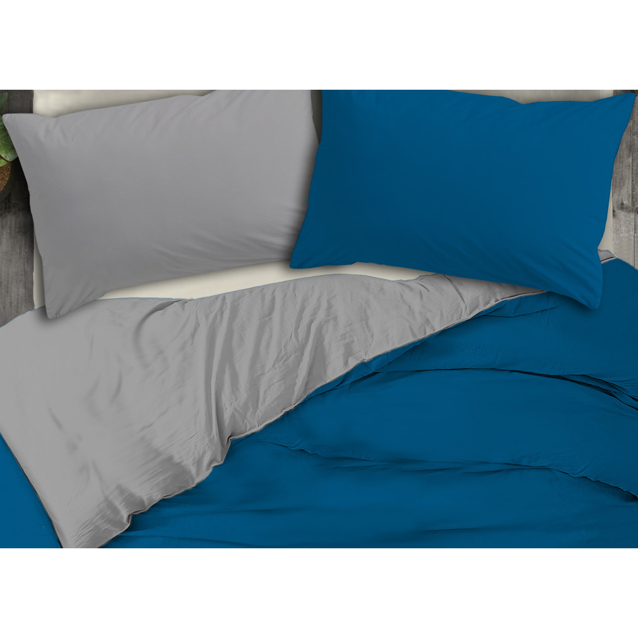 Copripiumino No Stiro Tinta Unita Bicolor Francesca Grigio Petrolio