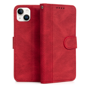 DAM Funda antigolpes tipo libro simil piel para iPhone 14 Plus. Tarjetero interior, muñequera extraíble. 8,56x1,67x16,76 Cm. Color: Granate